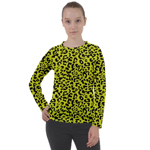 Leopard Spots Pattern, Yellow And Black Animal Fur Print, Wild Cat Theme Women s Long Sleeve Raglan Tee by Casemiro