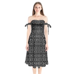 Black And White Ethnic Ornate Pattern Shoulder Tie Bardot Midi Dress by dflcprintsclothing