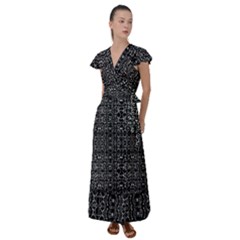 Black And White Ethnic Ornate Pattern Flutter Sleeve Maxi Dress