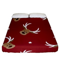 Cute Reindeer Head With Star Red Background Fitted Sheet (queen Size)