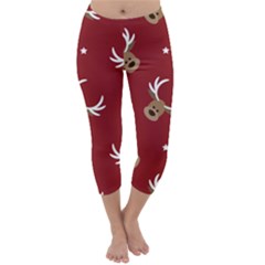 Cute Reindeer Head With Star Red Background Capri Winter Leggings 