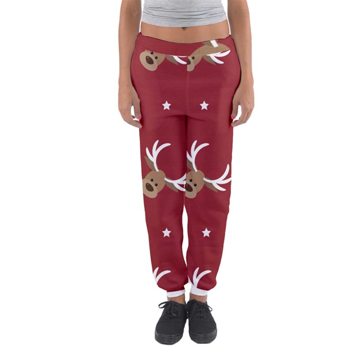 Cute reindeer head with star red background Women s Jogger Sweatpants