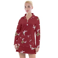 Cute Reindeer Head With Star Red Background Women s Long Sleeve Casual Dress by BangZart