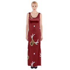 Cute Reindeer Head With Star Red Background Thigh Split Maxi Dress