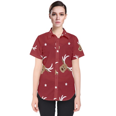 Cute Reindeer Head With Star Red Background Women s Short Sleeve Shirt by BangZart