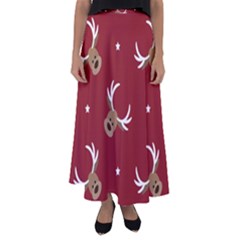 Cute Reindeer Head With Star Red Background Flared Maxi Skirt