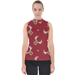 Cute Reindeer Head With Star Red Background Mock Neck Shell Top by BangZart