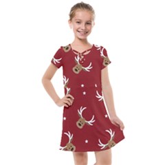 Cute Reindeer Head With Star Red Background Kids  Cross Web Dress