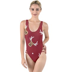 Cute Reindeer Head With Star Red Background High Leg Strappy Swimsuit