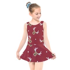 Cute Reindeer Head With Star Red Background Kids  Skater Dress Swimsuit