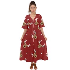 Cute Reindeer Head With Star Red Background Kimono Sleeve Boho Dress by BangZart