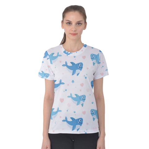 Seamless Pattern With Cute Sharks Hearts Women s Cotton Tee by BangZart