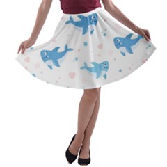 Seamless Pattern With Cute Sharks Hearts A-line Skater Skirt