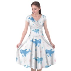 Seamless Pattern With Cute Sharks Hearts Cap Sleeve Wrap Front Dress