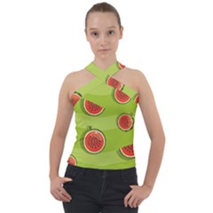 Seamless Background With Watermelon Slices Cross Neck Velour Top