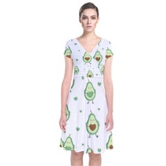 Cute Seamless Pattern With Avocado Lovers Short Sleeve Front Wrap Dress