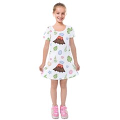 Cute Palm Volcano Seamless Pattern Kids  Short Sleeve Velvet Dress