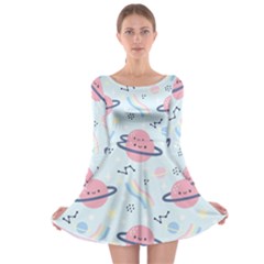 Cute Planet Space Seamless Pattern Background Long Sleeve Skater Dress