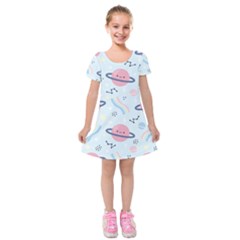 Cute Planet Space Seamless Pattern Background Kids  Short Sleeve Velvet Dress