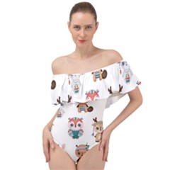 Cute Cartoon Boho Animals Seamless Pattern Off Shoulder Velour Bodysuit 