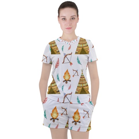 Cute Cartoon Native American Seamless Pattern Women s Tee And Shorts Set by BangZart