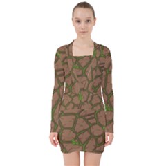 Cartoon Brown Stone Grass Seamless Background Texture Pattern V-neck Bodycon Long Sleeve Dress by BangZart