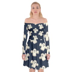 Hand Drawn Ghost Pattern Off Shoulder Skater Dress