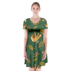 Cute Seamless Pattern Bird With Berries Leaves Short Sleeve V-neck Flare Dress