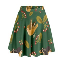 Cute Seamless Pattern Bird With Berries Leaves High Waist Skirt