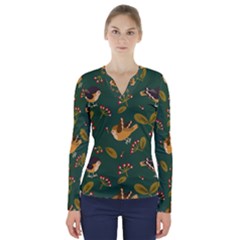 Cute Seamless Pattern Bird With Berries Leaves V-neck Long Sleeve Top