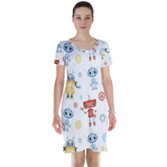 Cute Cartoon Robots Seamless Pattern Short Sleeve Nightdress