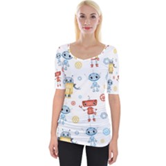 Cute Cartoon Robots Seamless Pattern Wide Neckline Tee