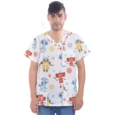 Cute Cartoon Robots Seamless Pattern Men s V-neck Scrub Top by BangZart