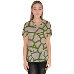 Cartoon Gray Stone Seamless Background Texture Pattern Green Women s V-neck Scrub Top