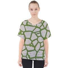 Cartoon Gray Stone Seamless Background Texture Pattern Green V-neck Dolman Drape Top