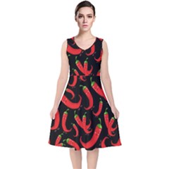 Seamless Vector Pattern Hot Red Chili Papper Black Background V-neck Midi Sleeveless Dress 