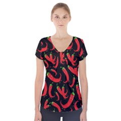 Seamless Vector Pattern Hot Red Chili Papper Black Background Short Sleeve Front Detail Top