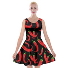 Seamless Vector Pattern Hot Red Chili Papper Black Background Velvet Skater Dress