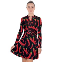 Seamless Vector Pattern Hot Red Chili Papper Black Background Long Sleeve Panel Dress