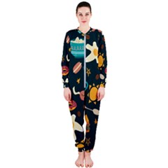Seamless Pattern With Breakfast Symbols Morning Coffee Onepiece Jumpsuit (ladies) 