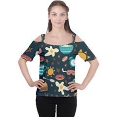 Seamless Pattern With Breakfast Symbols Morning Coffee Cutout Shoulder Tee