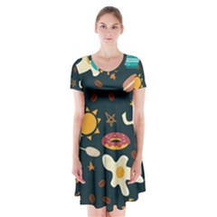 Seamless Pattern With Breakfast Symbols Morning Coffee Short Sleeve V-neck Flare Dress