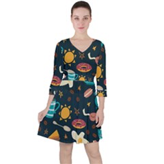 Seamless Pattern With Breakfast Symbols Morning Coffee Ruffle Dress