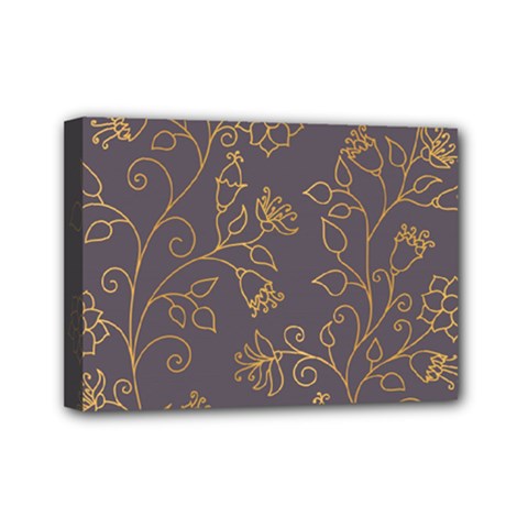 Seamless pattern gold floral ornament dark background fashionable textures golden luster Mini Canvas 7  x 5  (Stretched)