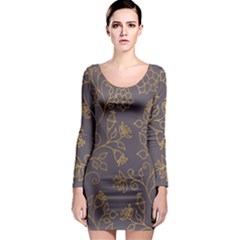 Seamless pattern gold floral ornament dark background fashionable textures golden luster Long Sleeve Bodycon Dress