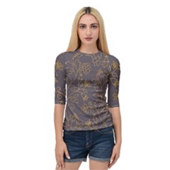 Seamless Pattern Gold Floral Ornament Dark Background Fashionable Textures Golden Luster Quarter Sleeve Raglan Tee