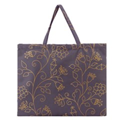 Seamless Pattern Gold Floral Ornament Dark Background Fashionable Textures Golden Luster Zipper Large Tote Bag
