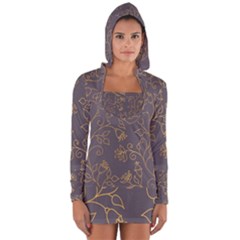 Seamless Pattern Gold Floral Ornament Dark Background Fashionable Textures Golden Luster Long Sleeve Hooded T-shirt