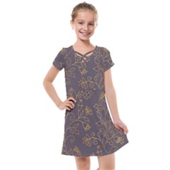 Seamless pattern gold floral ornament dark background fashionable textures golden luster Kids  Cross Web Dress