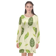 Leaf Spring Seamless Pattern Fresh Green Color Nature Long Sleeve Chiffon Shift Dress 